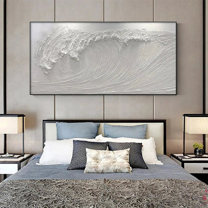 Frozen Tide hand-painted white and soft beige textured ocean wave painting shown with wood frame