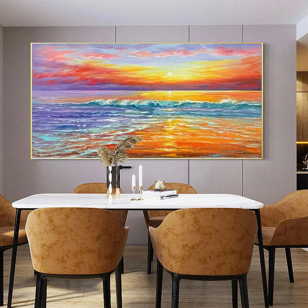Tropical Sunset Beach hand-painted ocean blue, ivory and soft neutral tones textured sunset seascape painting shown as stretched canvas