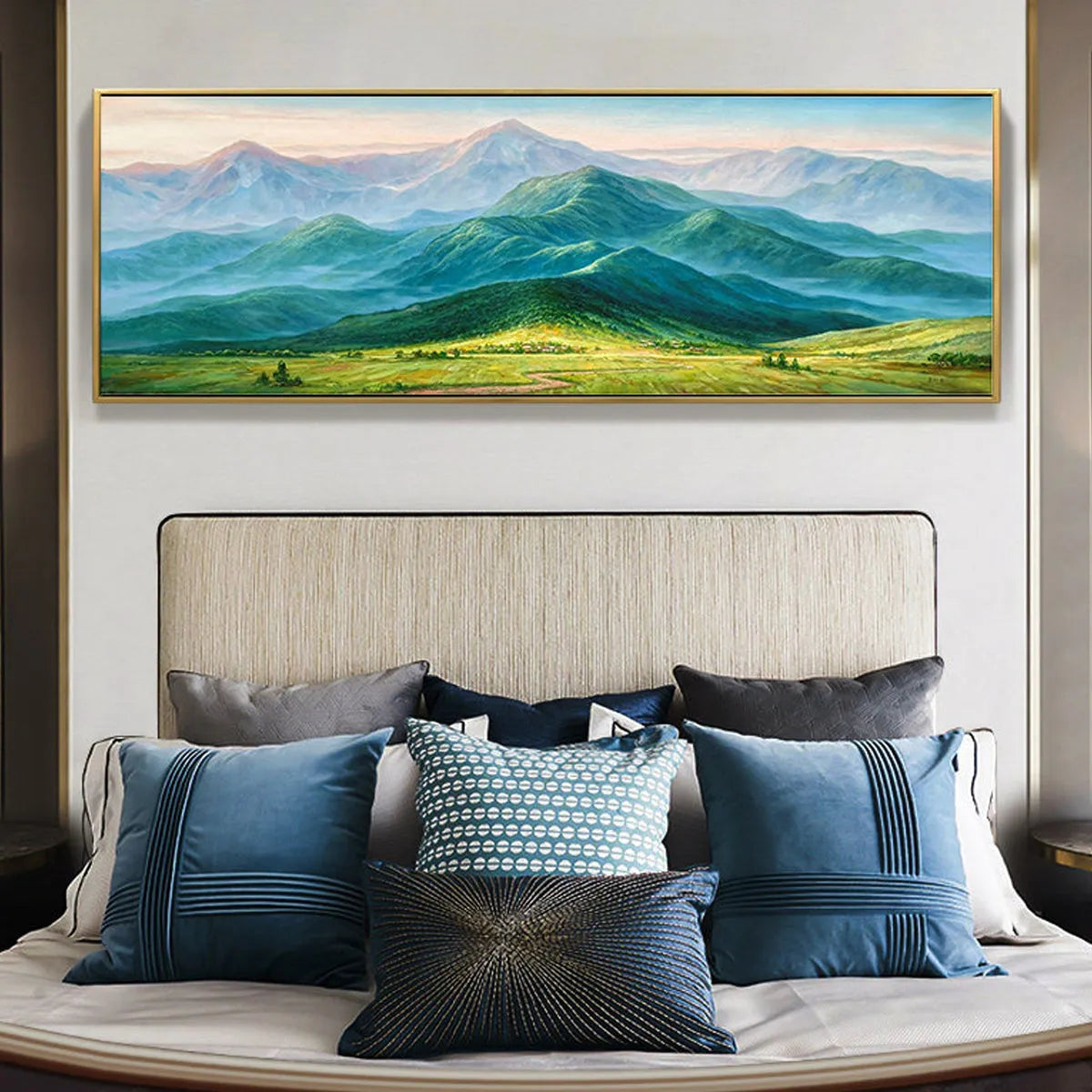 Emerald Valley Vista hand-painted emerald green and ivory textured mountain valley painting rolled canvas option