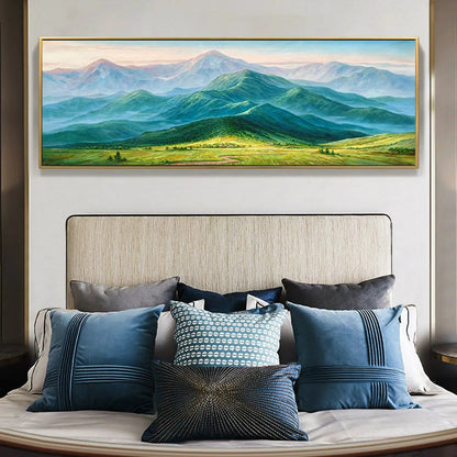 Emerald Valley Vista hand-painted emerald green and ivory textured mountain valley painting rolled canvas option