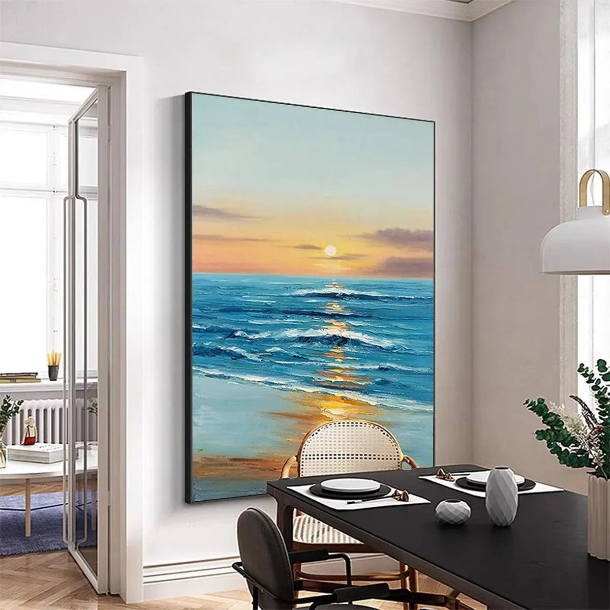 Sunkissed Shores hand-painted ocean blue, ivory and soft neutral tones textured sunset seascape painting shown with white frame