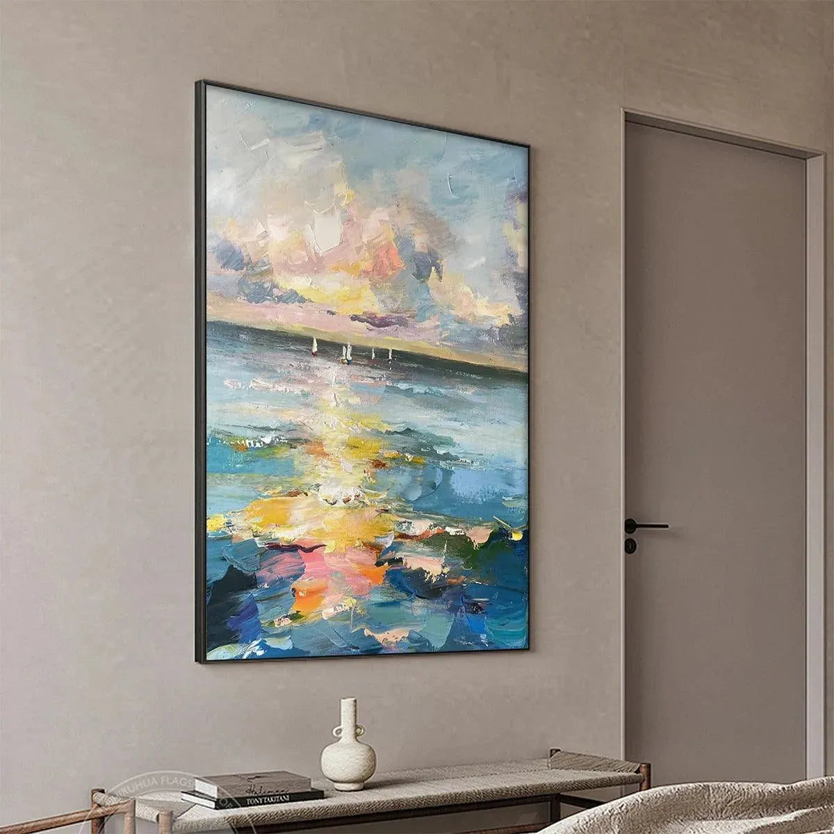 Sailboats At Sunset hand-painted ocean blue, ivory and soft neutral tones textured sailboat seascape painting shown with silver frame