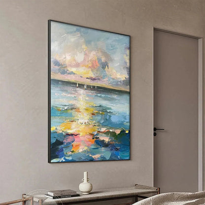 Sailboats At Sunset hand-painted ocean blue, ivory and soft neutral tones textured sailboat seascape painting shown with silver frame