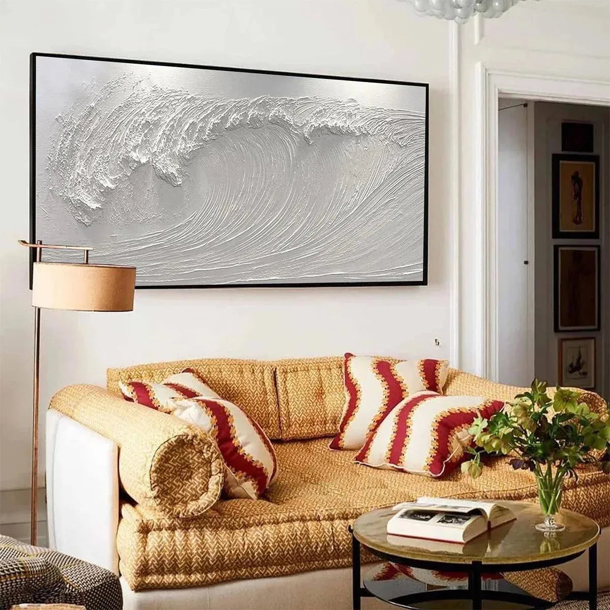 Frozen Tide hand-painted white and soft beige textured ocean wave painting shown with white frame