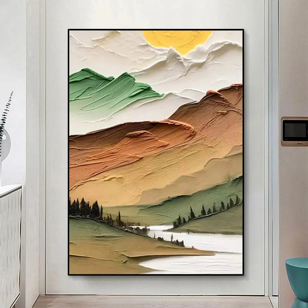Golden Valley hand-painted green, gold and orange textured mountain valley painting shown with white frame