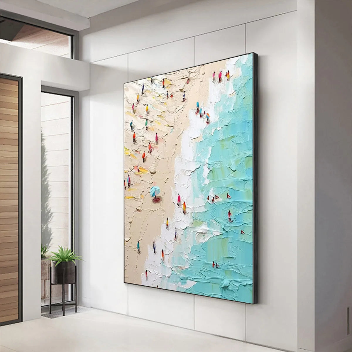 Summer Holiday hand-painted sand and ivory textured beach scene painting shown as stretched canvas
