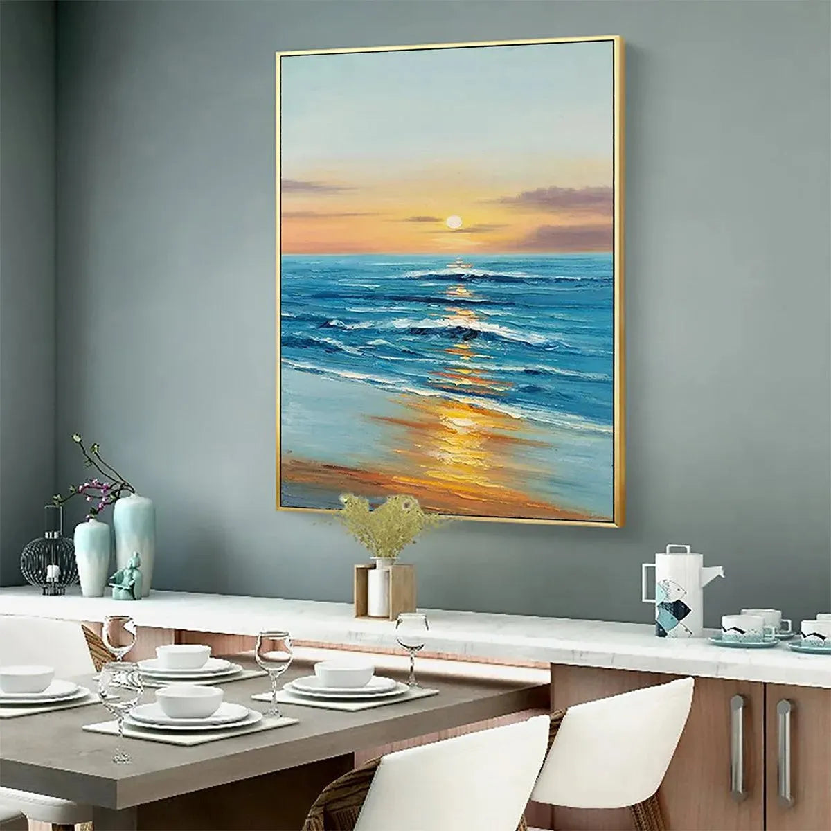 Sunkissed Shores hand-painted ocean blue, ivory and soft neutral tones textured sunset seascape painting shown as stretched canvas