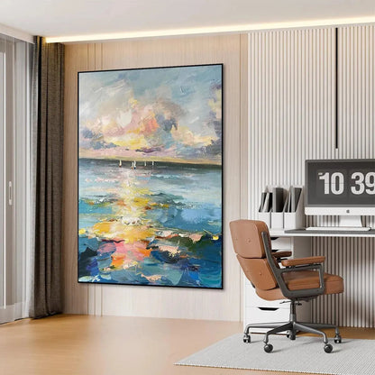 Sailboats At Sunset hand-painted ocean blue, ivory and soft neutral tones textured sailboat seascape painting shown with white frame
