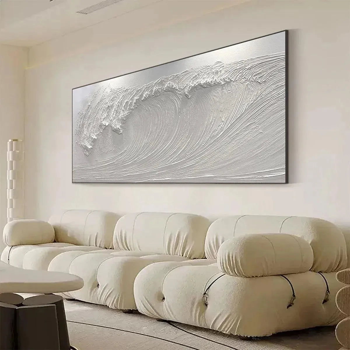 Frozen Tide hand-painted white and soft beige textured ocean wave painting shown with black frame