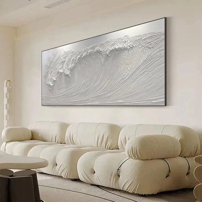 Frozen Tide hand-painted white and soft beige textured ocean wave painting shown with black frame