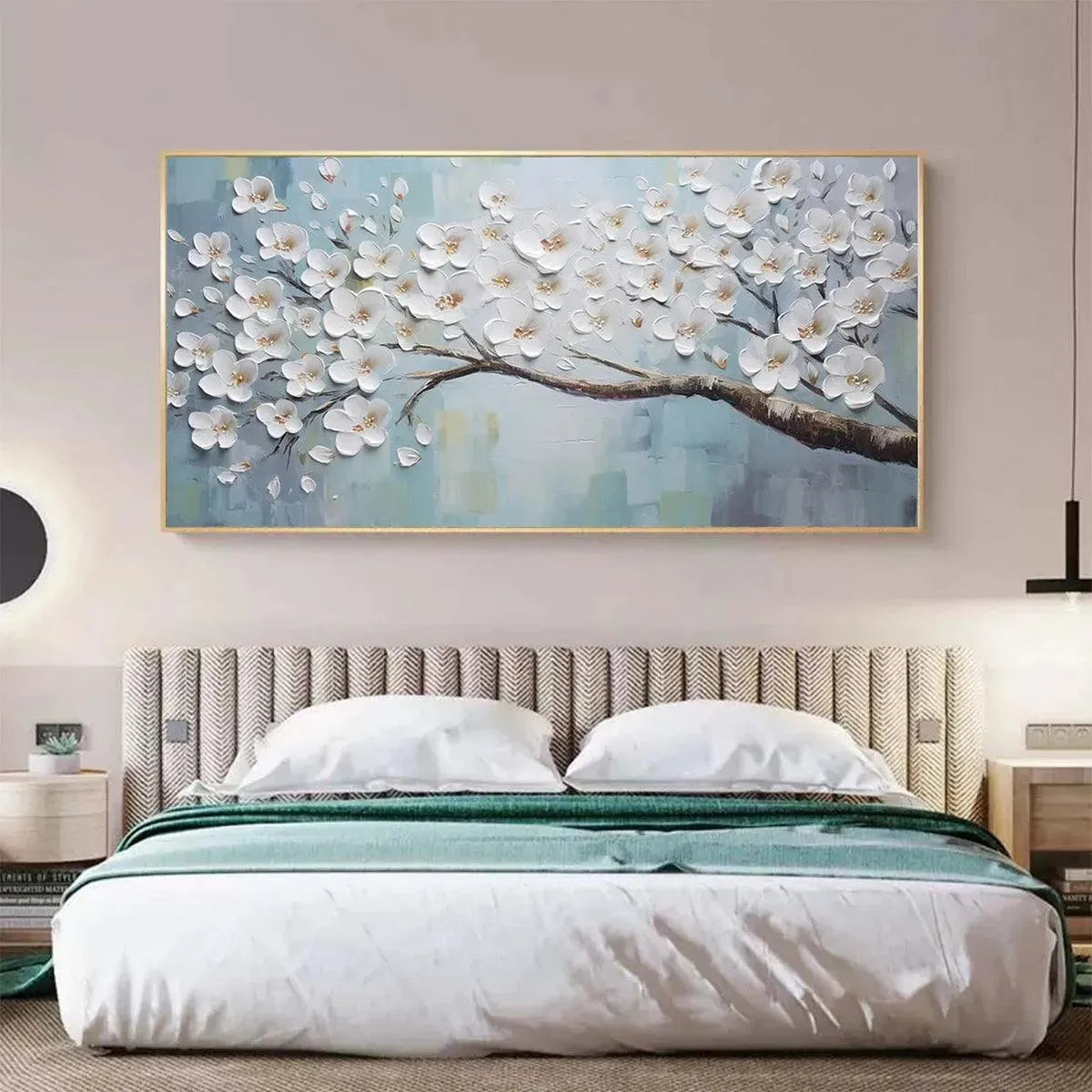 Blue and White Floral Textured Painting – White Blossoms