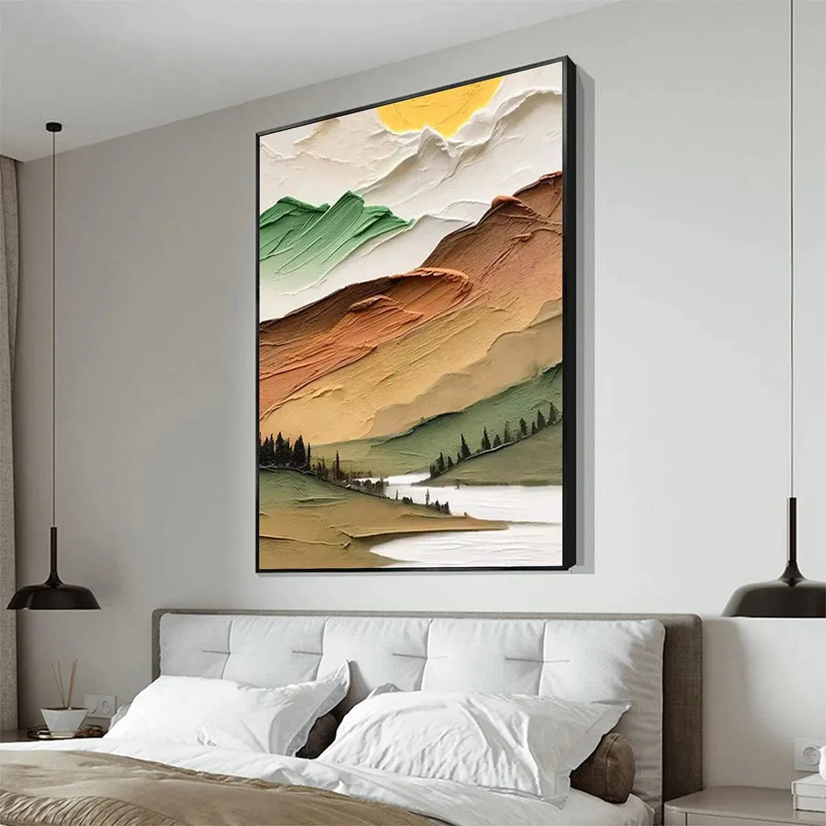 Golden Valley hand-painted green, gold and orange textured mountain valley painting shown with black frame