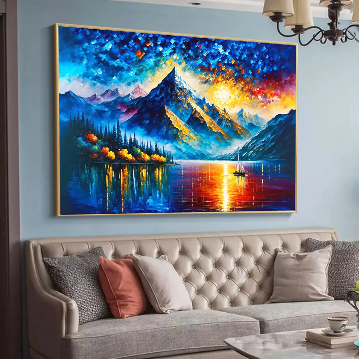 Majestic Sunrise hand-painted crimson, golden yellow, turquoise and violet textured mountain lake painting shown with white frame
