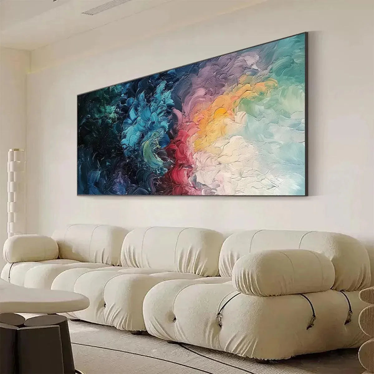 Dusk Whispers hand-painted ocean blue, ivory and soft neutral tones textured sunset seascape painting shown with white frame