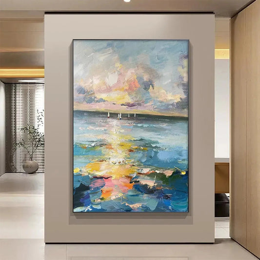 Sailboats At Sunset hand-painted ocean blue, ivory and soft neutral tones textured sailboat seascape painting shown as stretched canvas