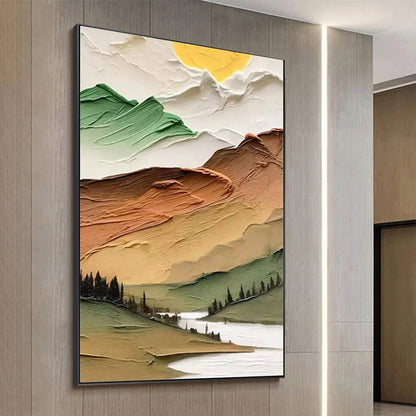 Golden Valley hand-painted green, gold and orange textured mountain valley painting rolled canvas option