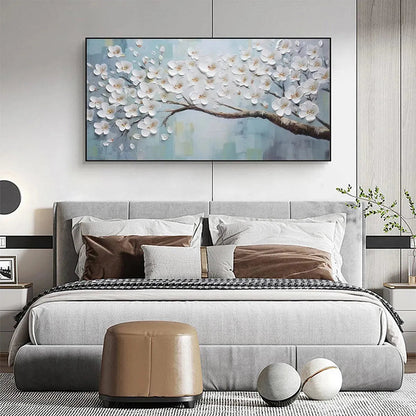 Blue and White Floral Textured Painting – White Blossoms
