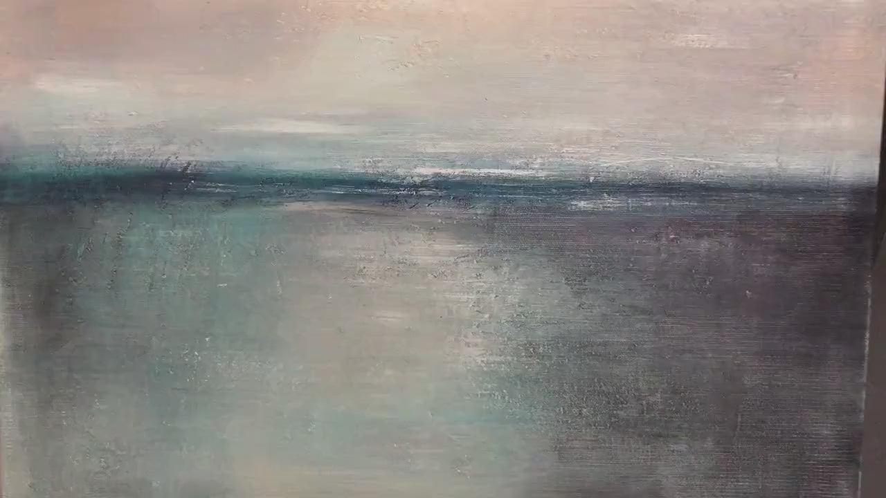 Serene Horizon hand-painted ocean blue, ivory and soft neutral tones textured coastal abstract painting shown with gold frame