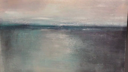 Serene Horizon hand-painted ocean blue, ivory and soft neutral tones textured coastal abstract painting shown with gold frame