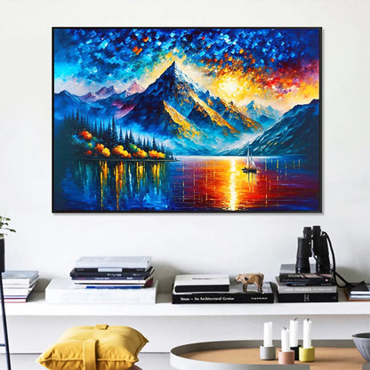 Majestic Sunrise hand-painted crimson, golden yellow, turquoise and violet textured mountain lake painting shown with black frame