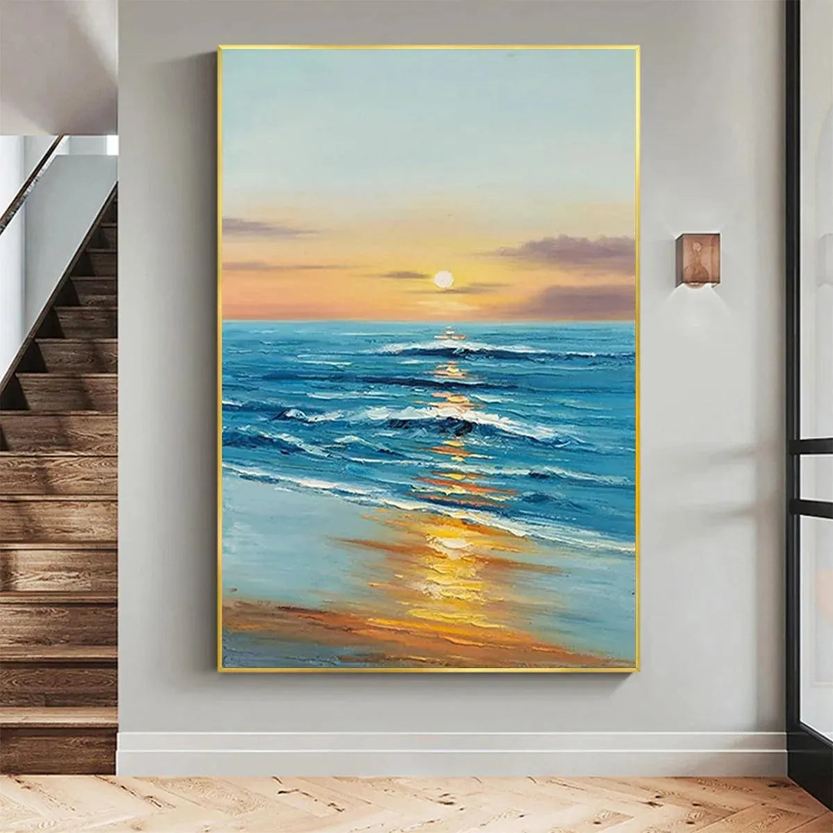 Sunkissed Shores hand-painted ocean blue, ivory and soft neutral tones textured sunset seascape painting shown as stretched canvas