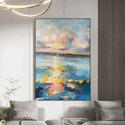 Sailboats At Sunset hand-painted ocean blue, ivory and soft neutral tones textured sailboat seascape painting shown with black frame