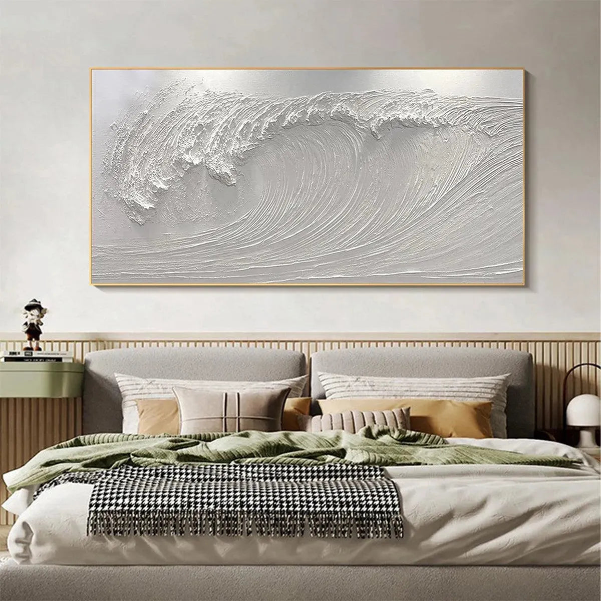 Frozen Tide hand-painted white and soft beige textured ocean wave painting shown as stretched canvas