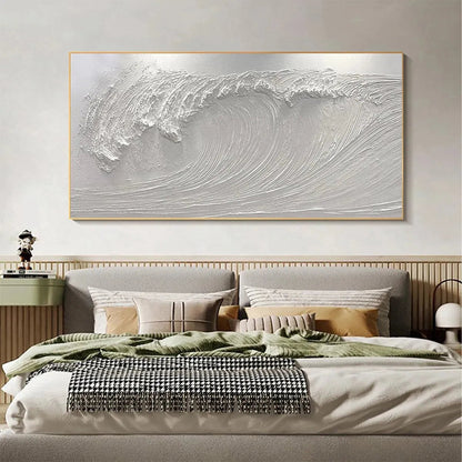 Frozen Tide hand-painted white and soft beige textured ocean wave painting shown as stretched canvas