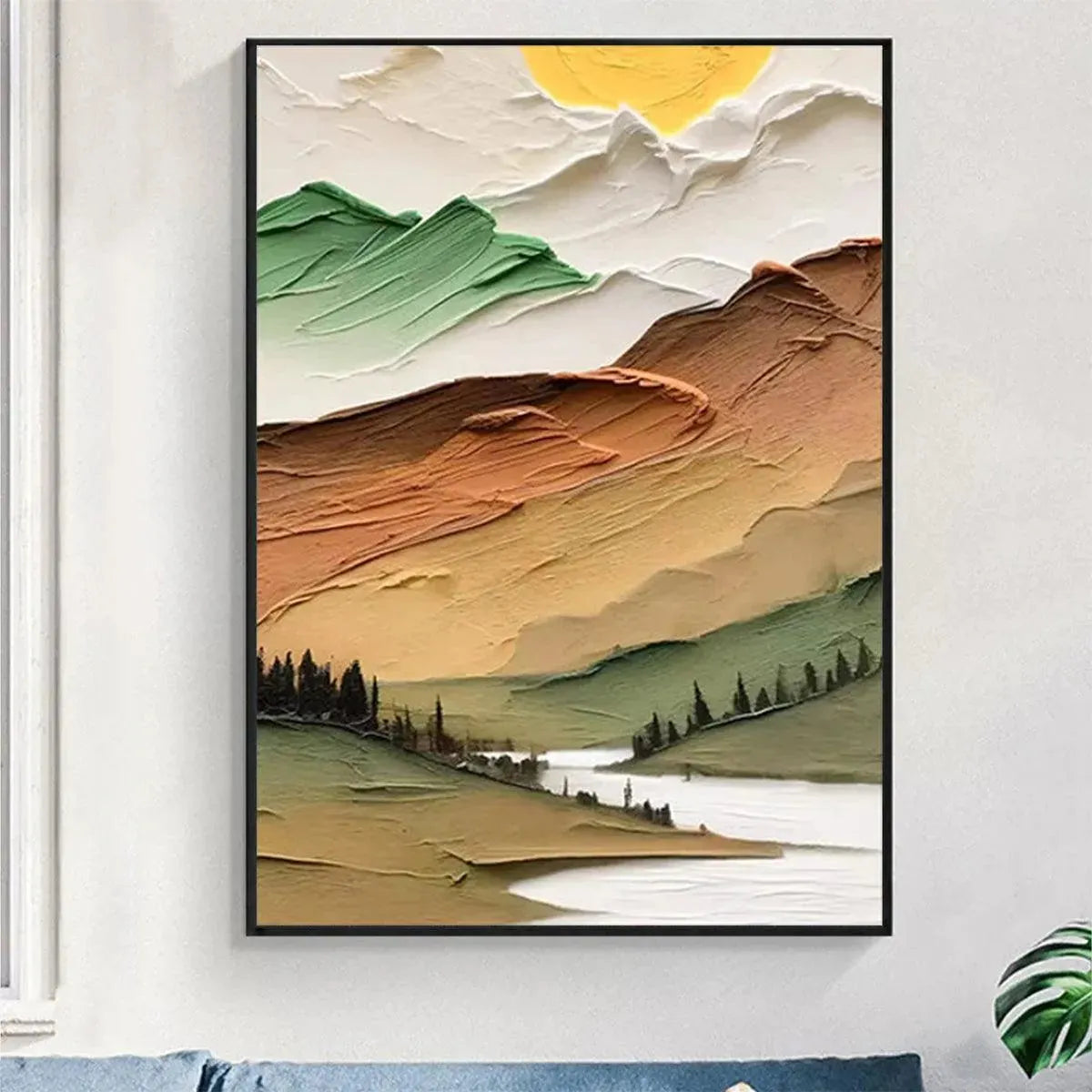 Golden Valley hand-painted green, gold and orange textured mountain valley painting shown as stretched canvas