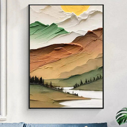 Golden Valley hand-painted green, gold and orange textured mountain valley painting shown as stretched canvas