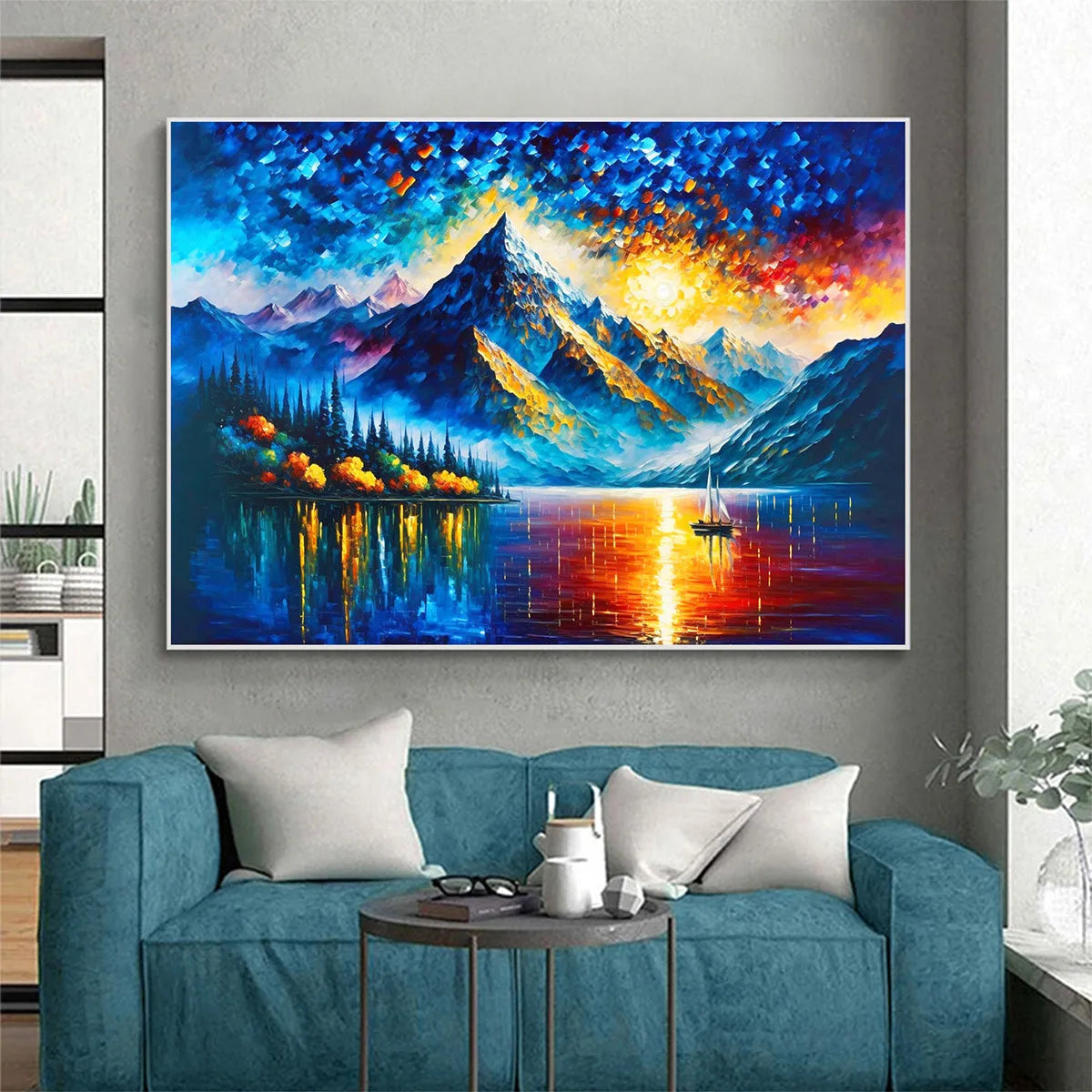 Majestic Sunrise hand-painted crimson, golden yellow, turquoise and violet textured mountain lake painting shown with wood frame