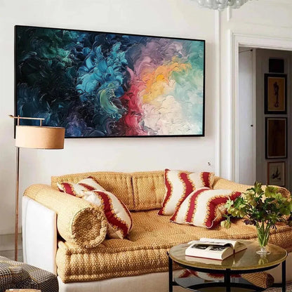 Dusk Whispers hand-painted ocean blue, ivory and soft neutral tones textured sunset seascape painting shown with black frame