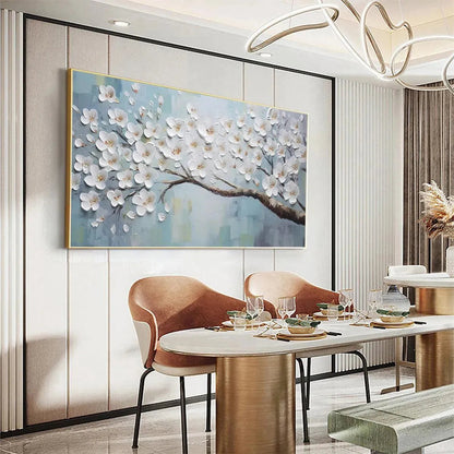 Blue and White Floral Textured Painting – White Blossoms