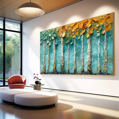 Golden Aspen Grove hand-painted gold and ivory textured forest landscape painting shown with white frame