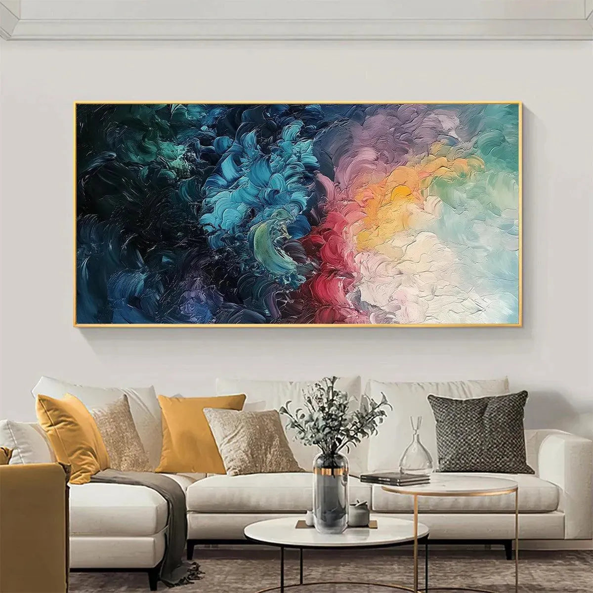 Dusk Whispers hand-painted ocean blue, ivory and soft neutral tones textured sunset seascape painting rolled canvas option