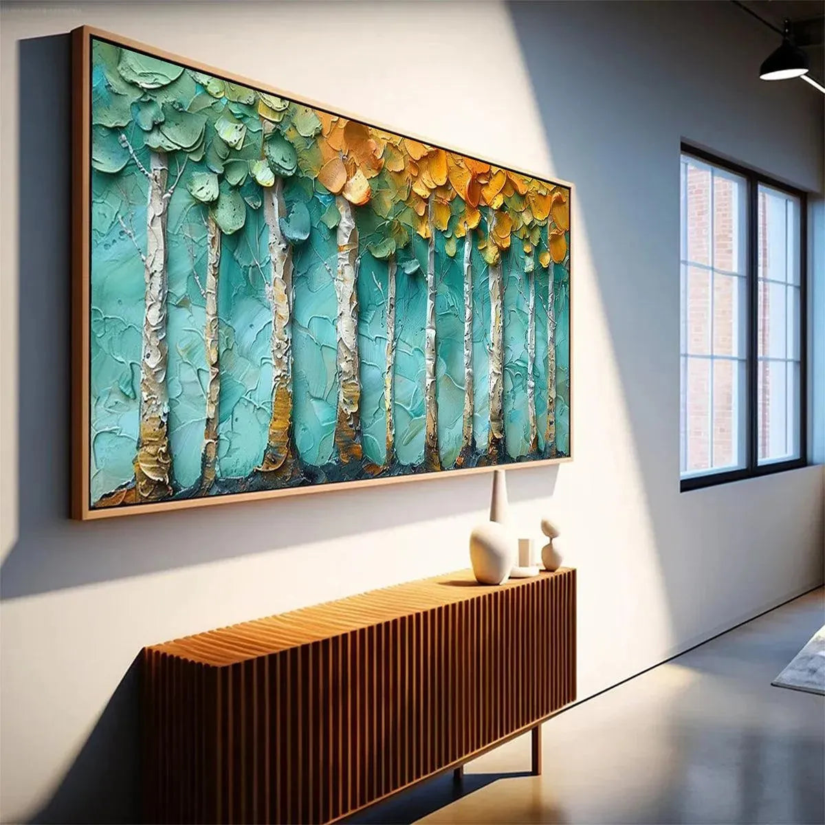 Golden Aspen Grove hand-painted gold and ivory textured forest landscape painting shown with black frame