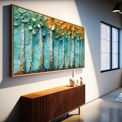 Golden Aspen Grove hand-painted gold and ivory textured forest landscape painting shown with black frame