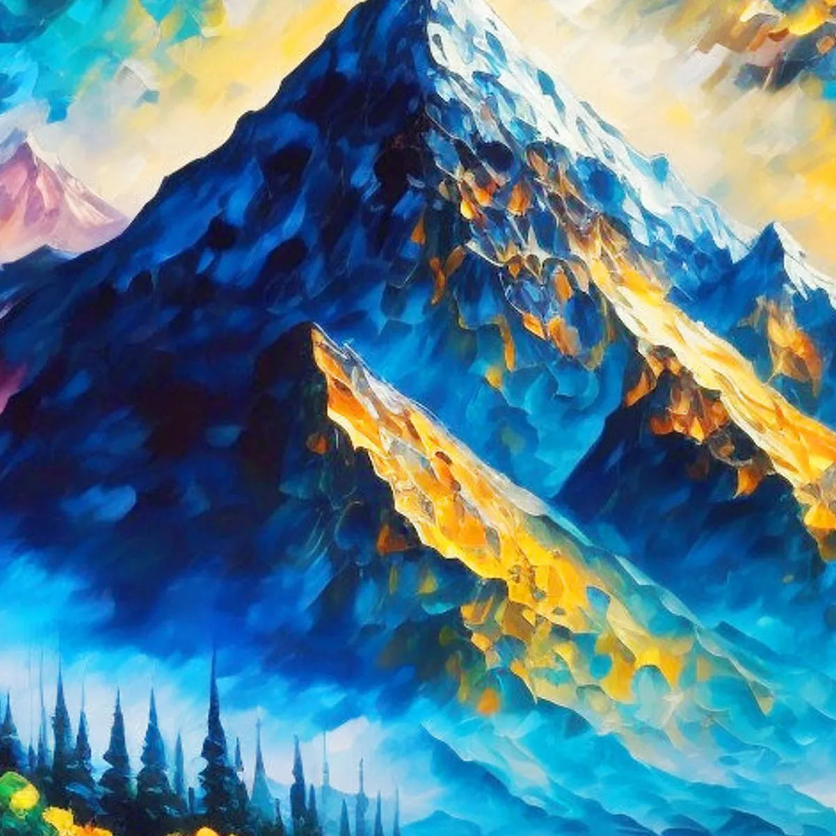 Majestic Sunrise hand-painted crimson, golden yellow, turquoise and violet textured mountain lake painting shown with gold frame