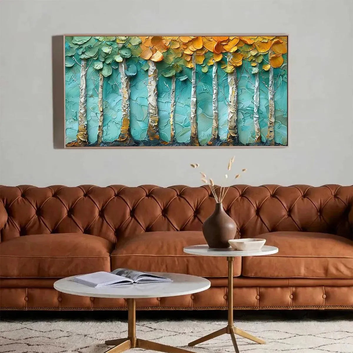 Golden Aspen Grove hand-painted gold and ivory textured forest landscape painting rolled canvas option