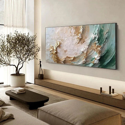 Jade Aurora hand-painted white, green and gold textured coastal abstract painting shown with white frame