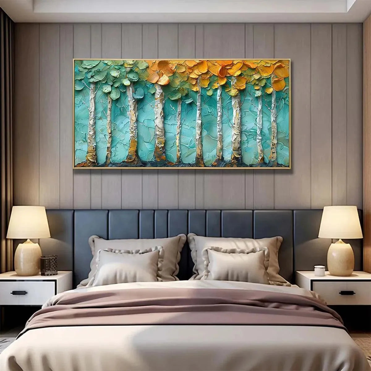 Golden Aspen Grove hand-painted gold and ivory textured forest landscape painting shown as stretched canvas