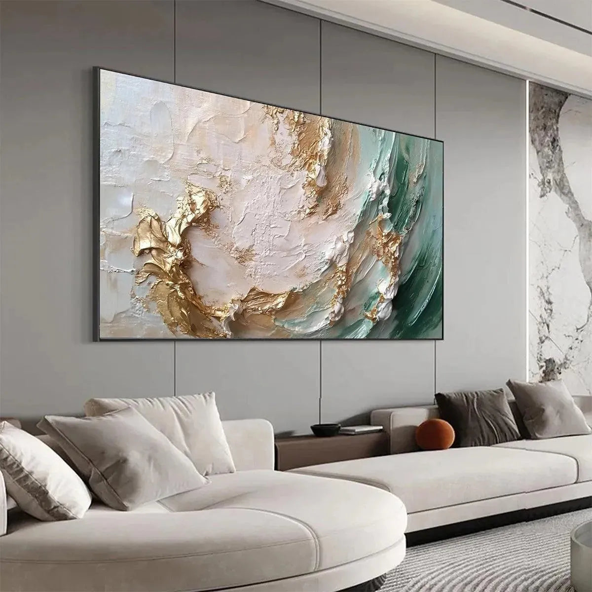Jade Aurora hand-painted white, green and gold textured coastal abstract painting shown with wood frame
