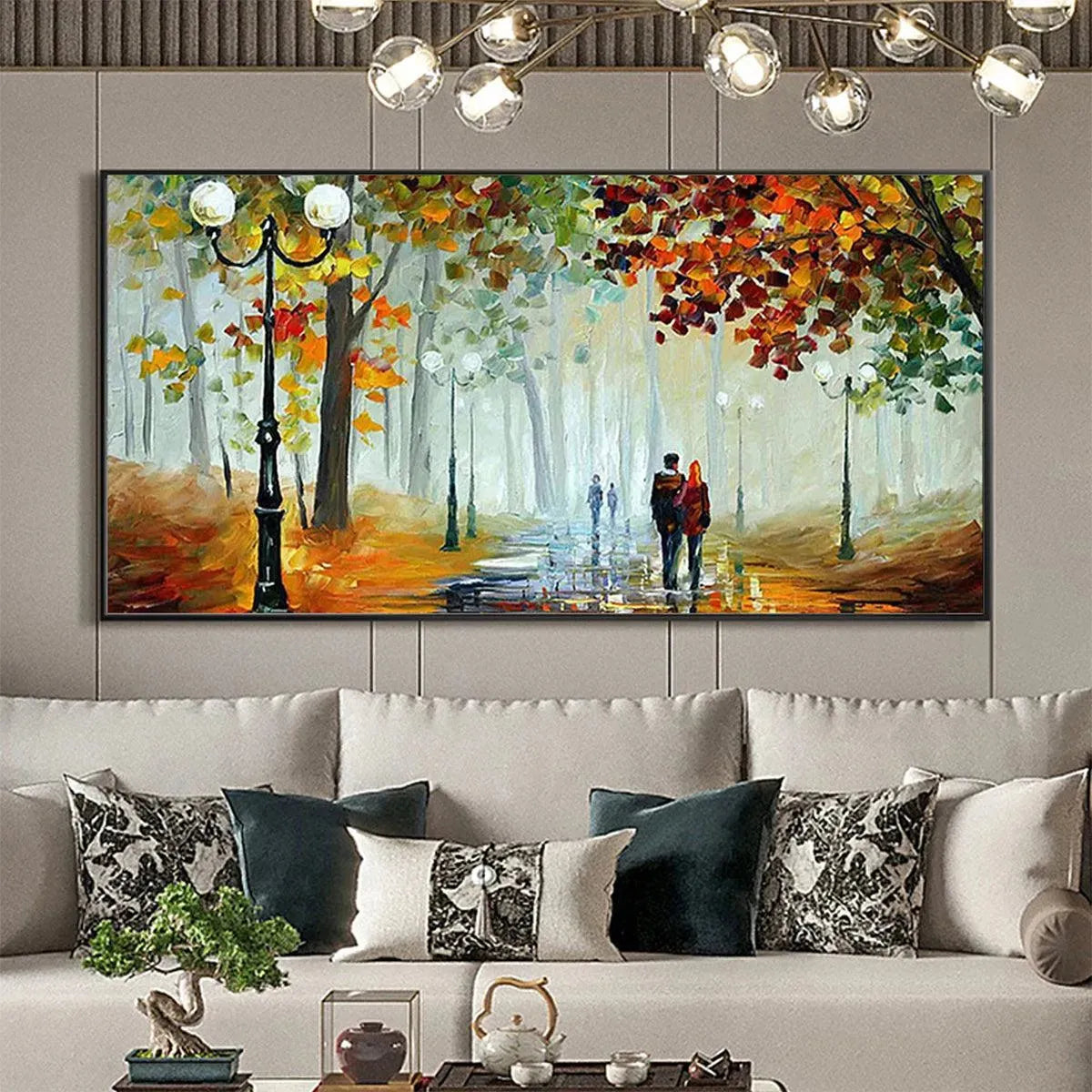 Autumn Park Stroll hand-painted burnt orange, golden yellow and crimson textured park landscape painting shown with white frame