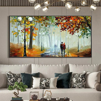 Autumn Park Stroll hand-painted burnt orange, golden yellow and crimson textured park landscape painting shown with white frame
