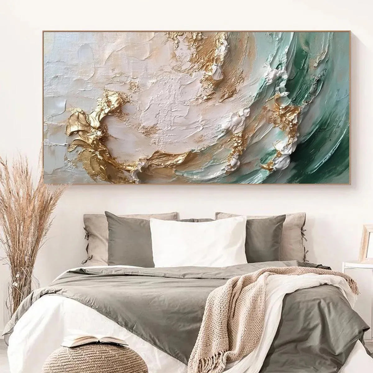 Jade Aurora hand-painted white, green and gold textured coastal abstract painting rolled canvas option