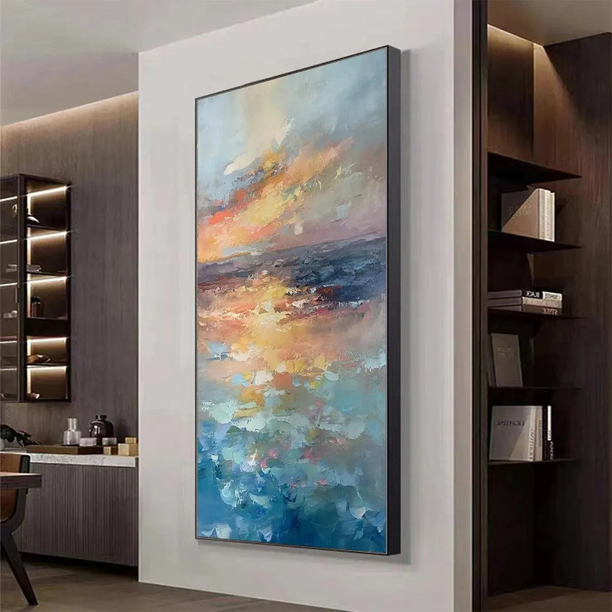 Golden Hour Seascape hand-painted gold, orange and pink textured sunset seascape painting shown with white frame