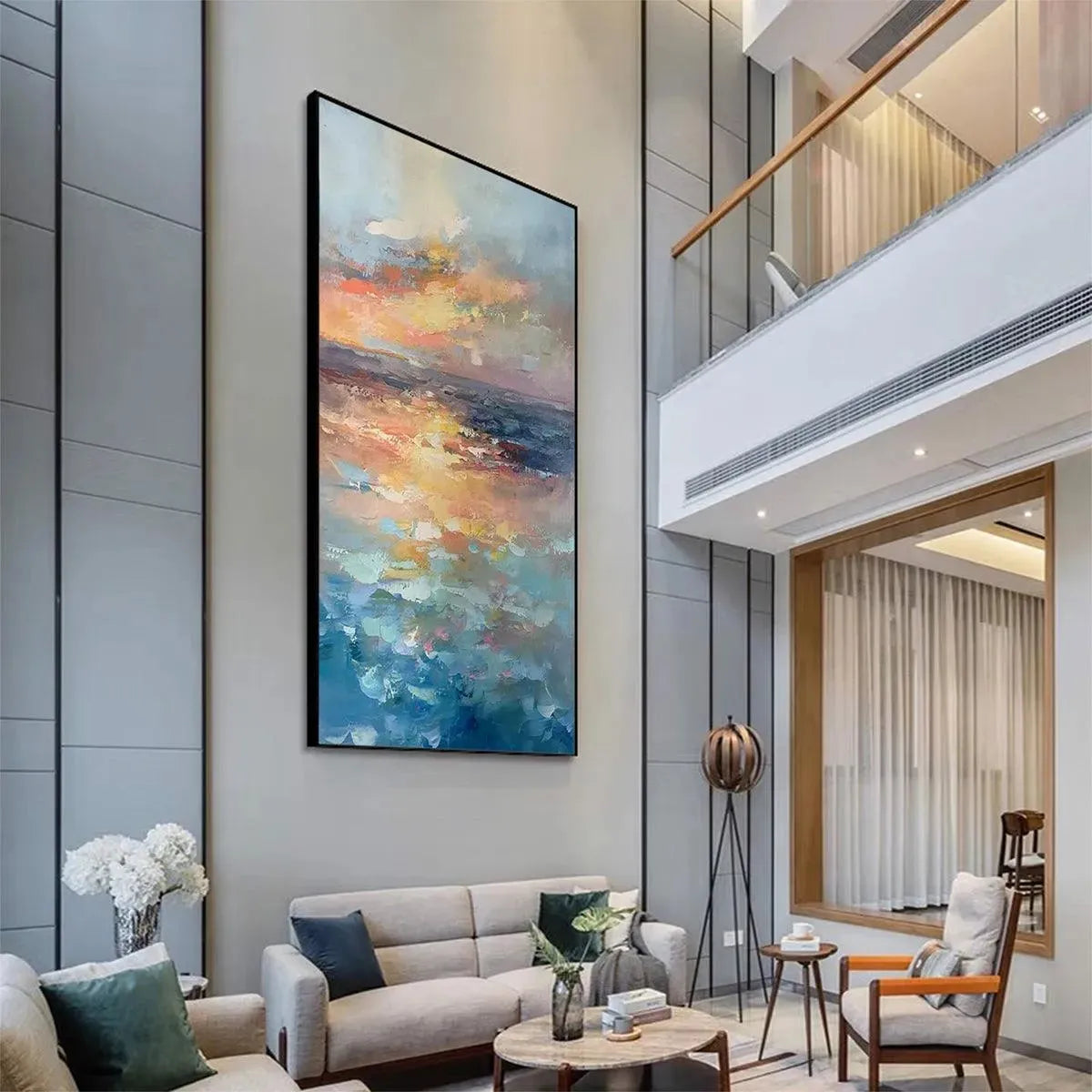 Golden Hour Seascape hand-painted gold, orange and pink textured sunset seascape painting shown with black frame