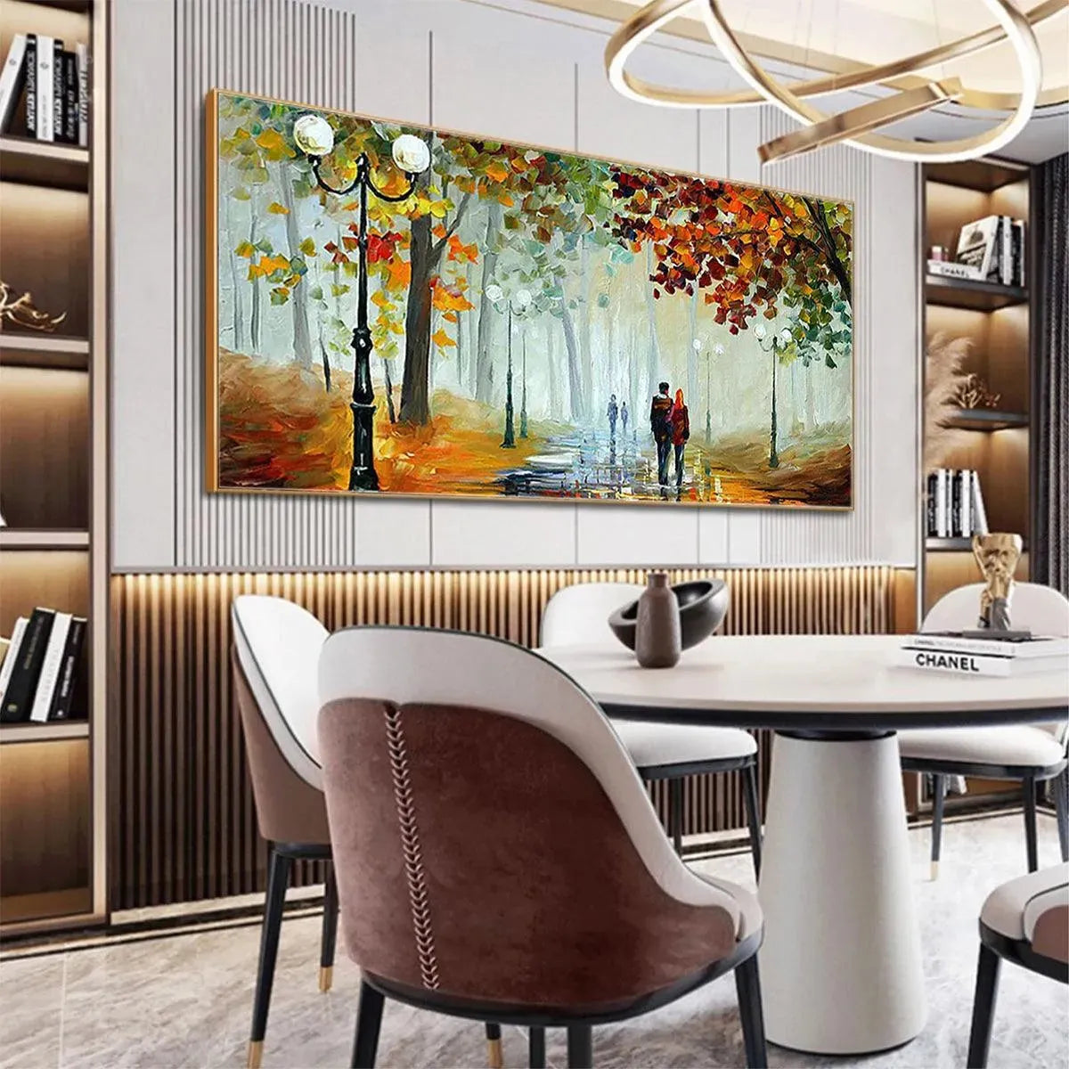 Autumn Park Stroll hand-painted burnt orange, golden yellow and crimson textured park landscape painting shown with black frame