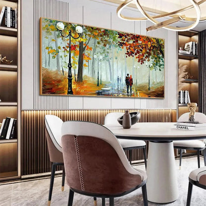Autumn Park Stroll hand-painted burnt orange, golden yellow and crimson textured park landscape painting shown with black frame