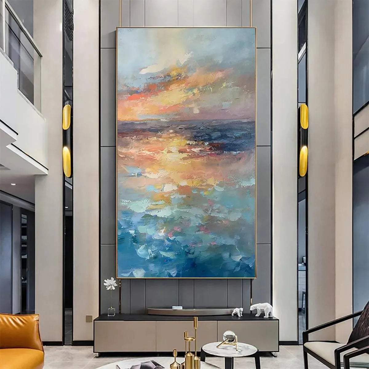 Golden Hour Seascape hand-painted gold, orange and pink textured sunset seascape painting shown with wood frame